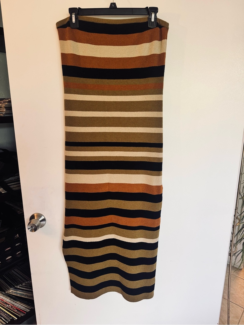 Camila Coelho strapless sweater dress in Black, Tan & Rust